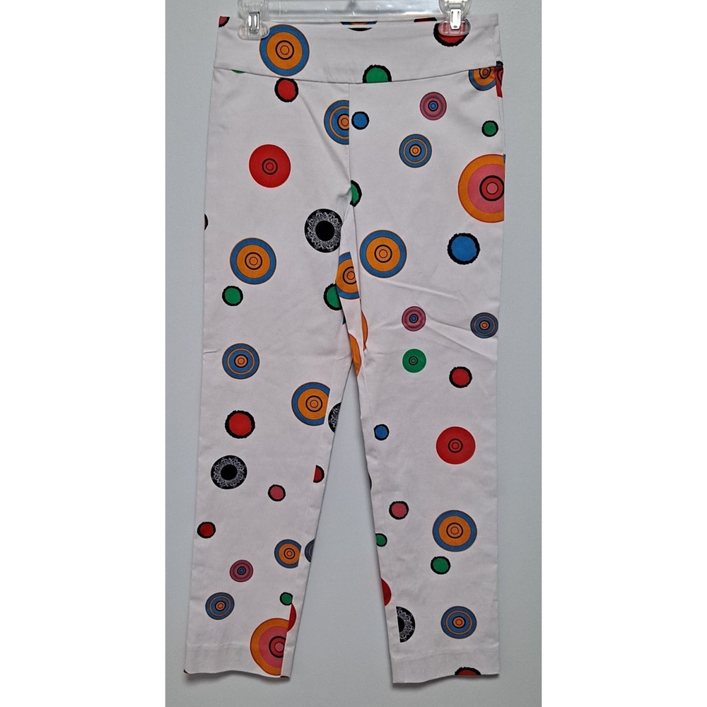Krazy Larry Women's Ankle Pants 4 White Colorful Circles Geometric - Picture 2 of 5